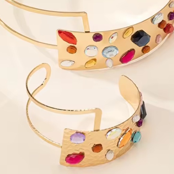 Anthropologie Gold Cuff Bracelet with Multicolor Gems - Picture 6 of 8